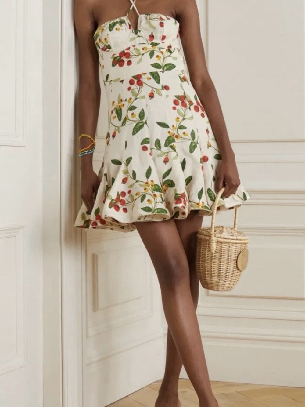 Agua Bendita Cream Floral Strapless Mini Dress with Red & Green - Picture 2 of 7